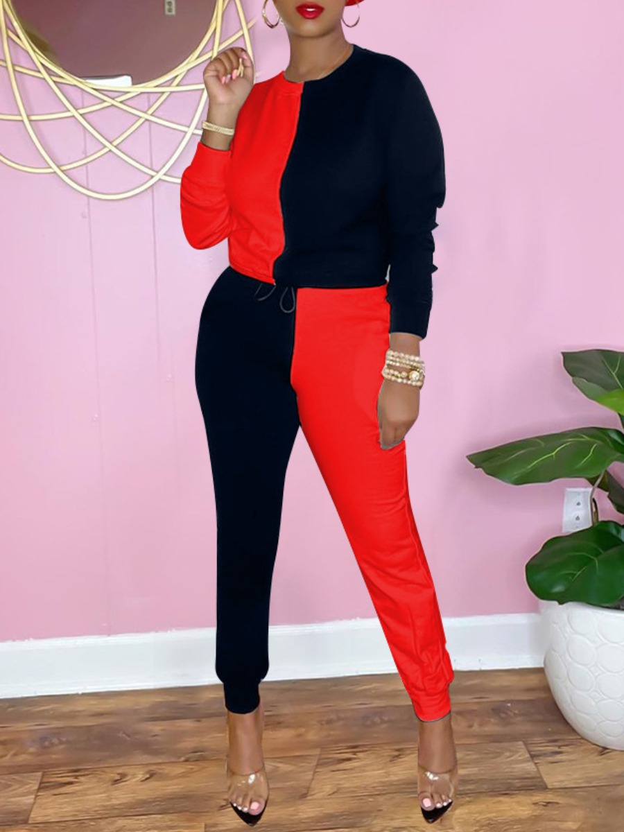 LovelyWholesale Round Neck Patchwork Drawstring Pants Set Fall Long Sleeve Casual Patchwork Round Neck Spring Summer 2024
