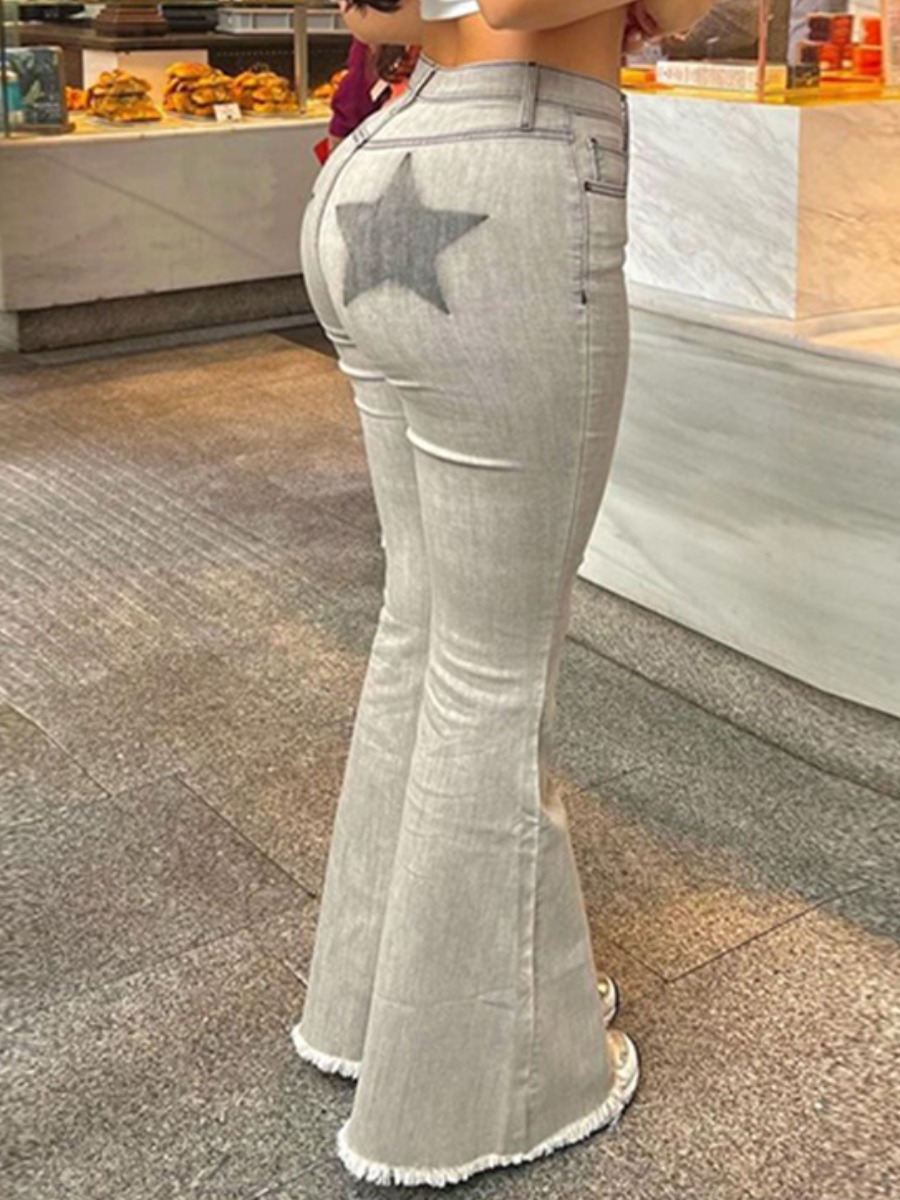 LovelyWholesale Star Decor Raw Edge Flared High Stretchy Jeans Spring|Fall Nine Points Sleeve Street Spring Summer 2024