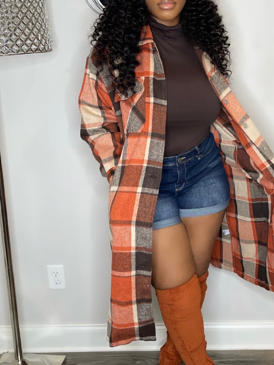 LovelyWholesale Plus Size Plaid Print Pocket Design Trench Coat Fall Nine Points Sleeve Casual Pocket Design Turndown Collar  3X Spring Summer 2024