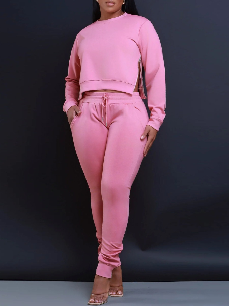LW BASICS Plus Size Side Zipper Drawstring Pants Set