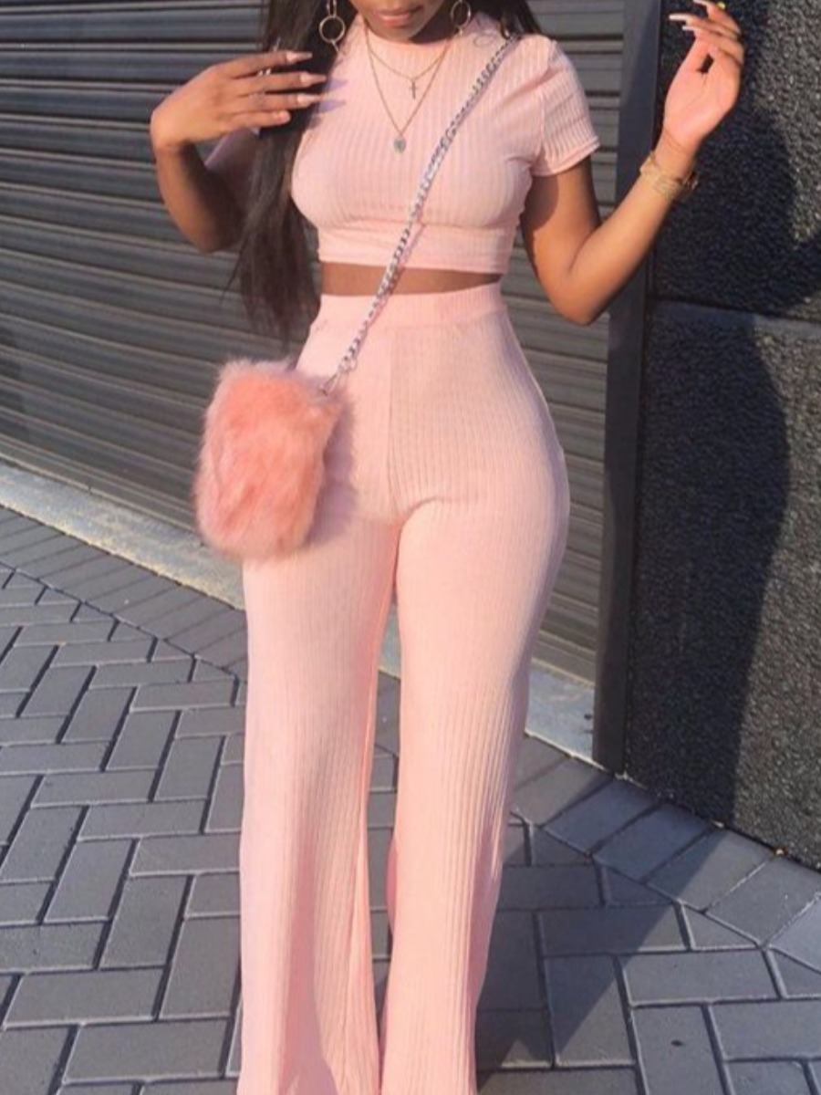 LW BASICS Crop Top Rib Knit Flared Pants Set
