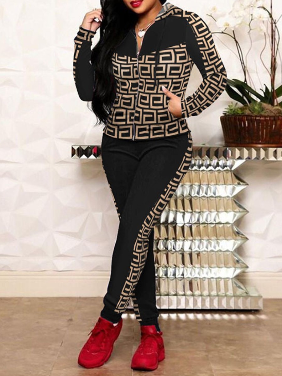 LovelyWholesale Geometric Print Kangaroo Pocket Pants Set Fall Long Sleeve Casual Hooded Collar Spring Summer 2024