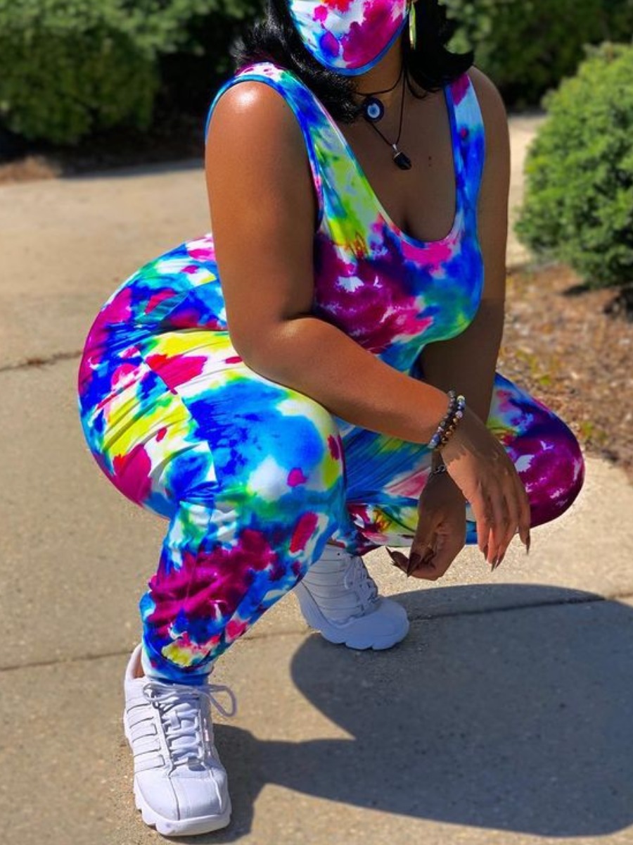 LovelyWholesale Plus Size Pattern Tie Dye Skinny Jumpsuit Spring|Summer Sleeveless Casual Pattern U Neck  4X Spring Summer 2024