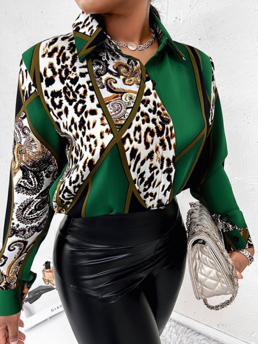 LovelyWholesale Breasted Color Block Leopard Loose Shirt Spring|Fall Long Sleeve Casual Turndown Collar Spring Summer 2024