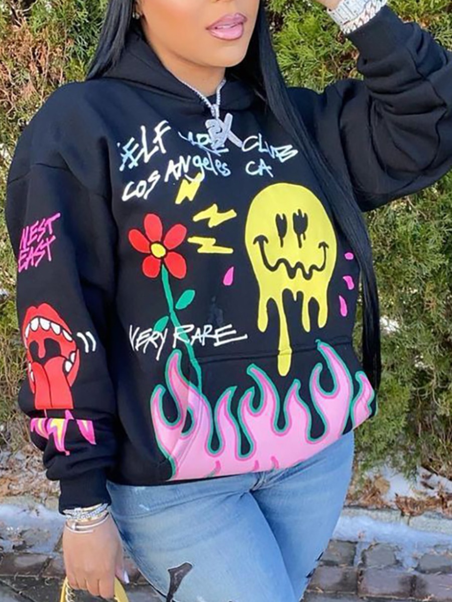 LW Flame Letter Floral Print Hoodie