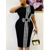 LW Round Neck Houndstooth Bodycon Dress