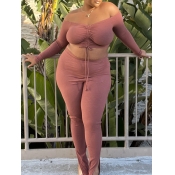 LW Plus Size Crop Top Ruched Drawstring Pants Set