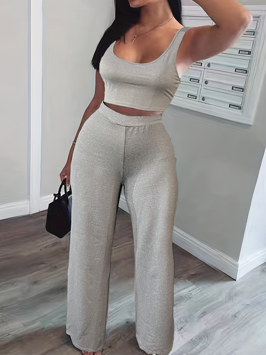 LW BASICS Sportswear U Neck Grey Two Piece Pants Set