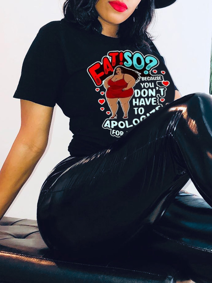 LovelyWholesale Plus Size Figure Heart Letter Print T-shirt Summer Short Sleeve Casual None Round Neck  5X Spring Summer 2024