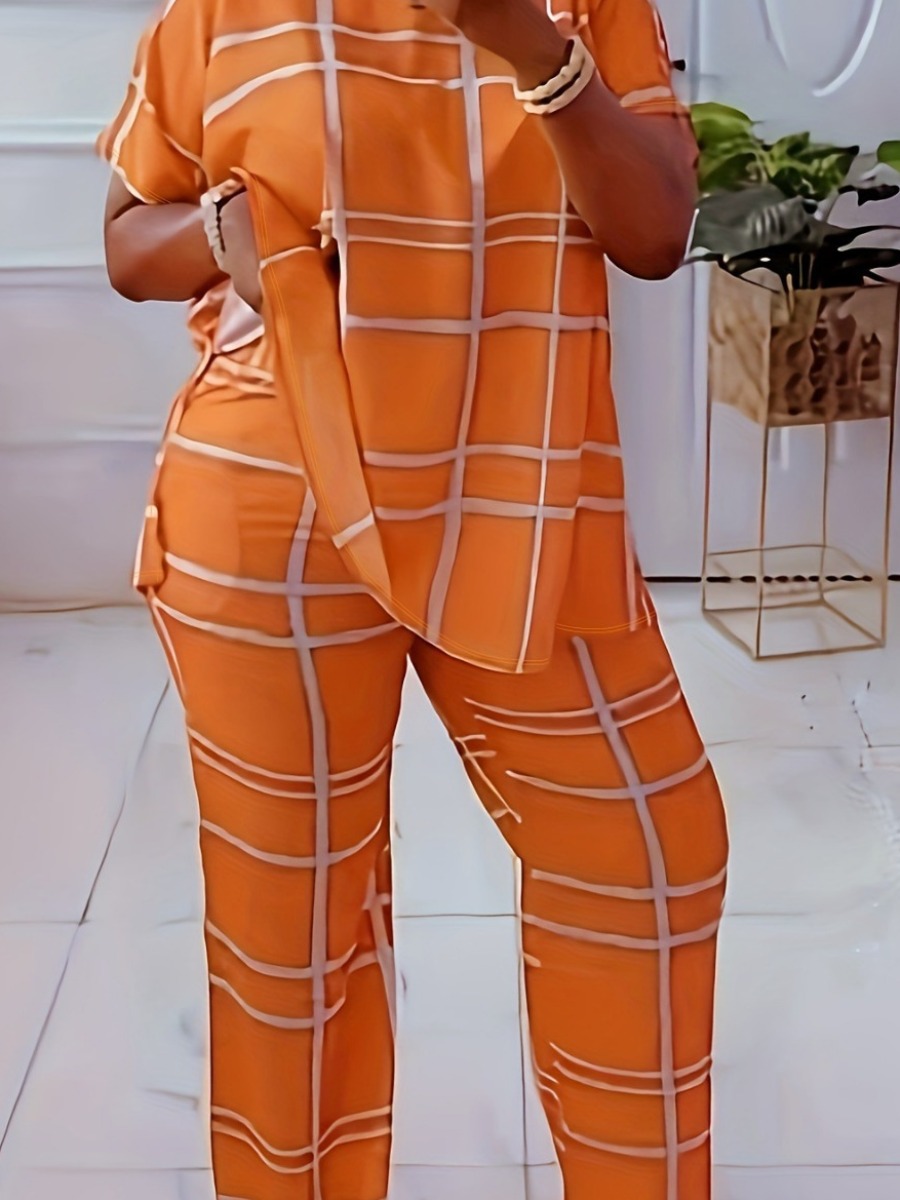 LovelyWholesale Plus Size Plaid Print Side Split Pants Set Spring Short Sleeve Casual Split Round Neck  5X Spring Summer 2024