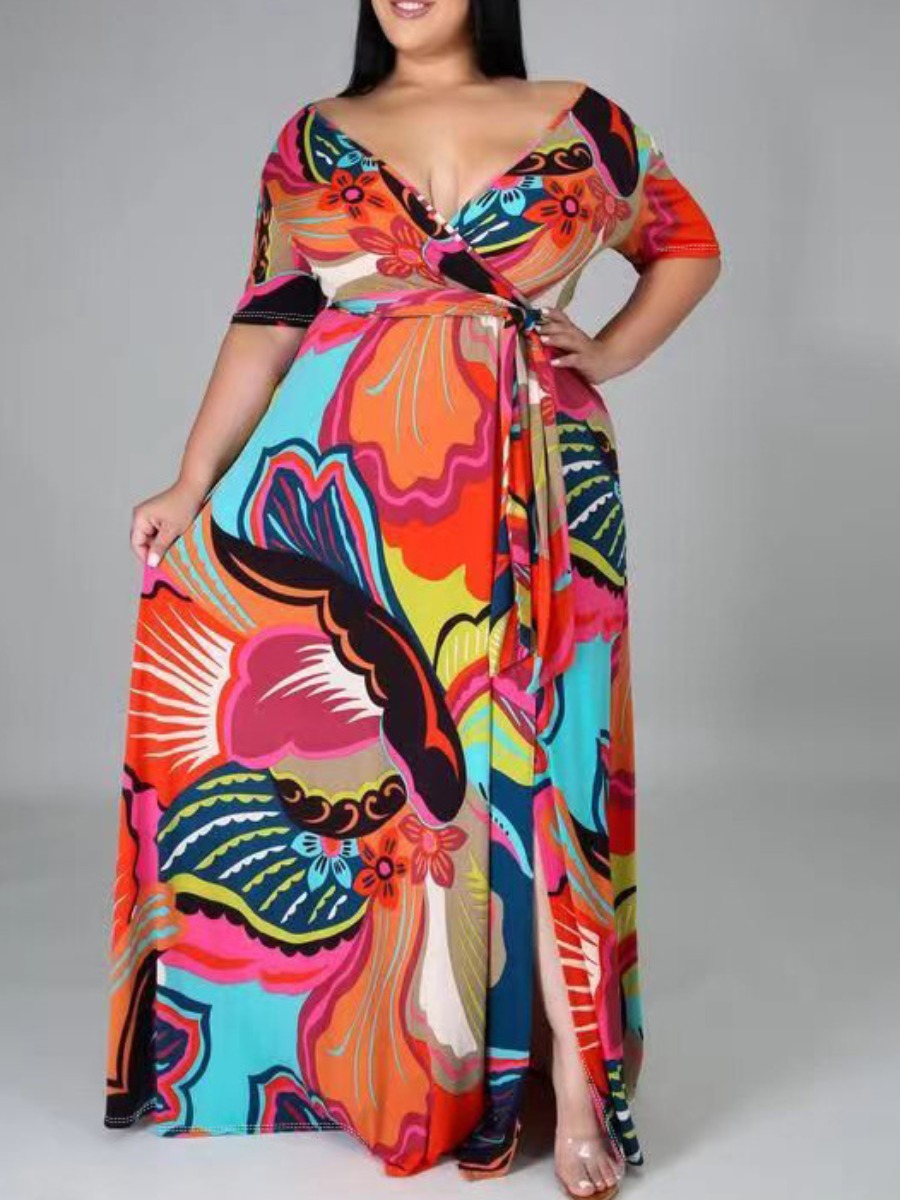 LovelyWholesale Plus Size Mixed Print Bandage Design Wrapped Dress Summer Half Sleeve Vacation Bandage Design V Neck  5X Spring Summer 2024