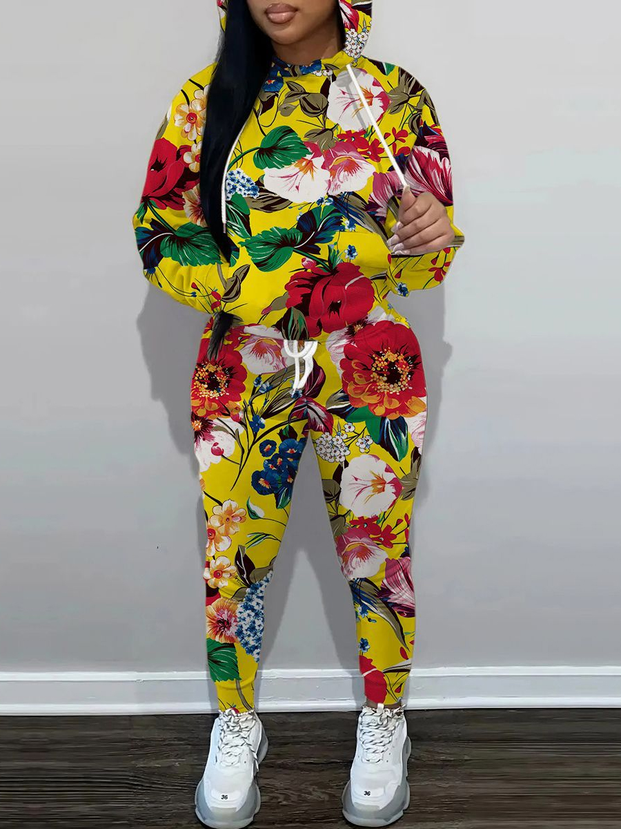 LW Plus Size Floral Print Kangaroo Pocket Tracksuit Set