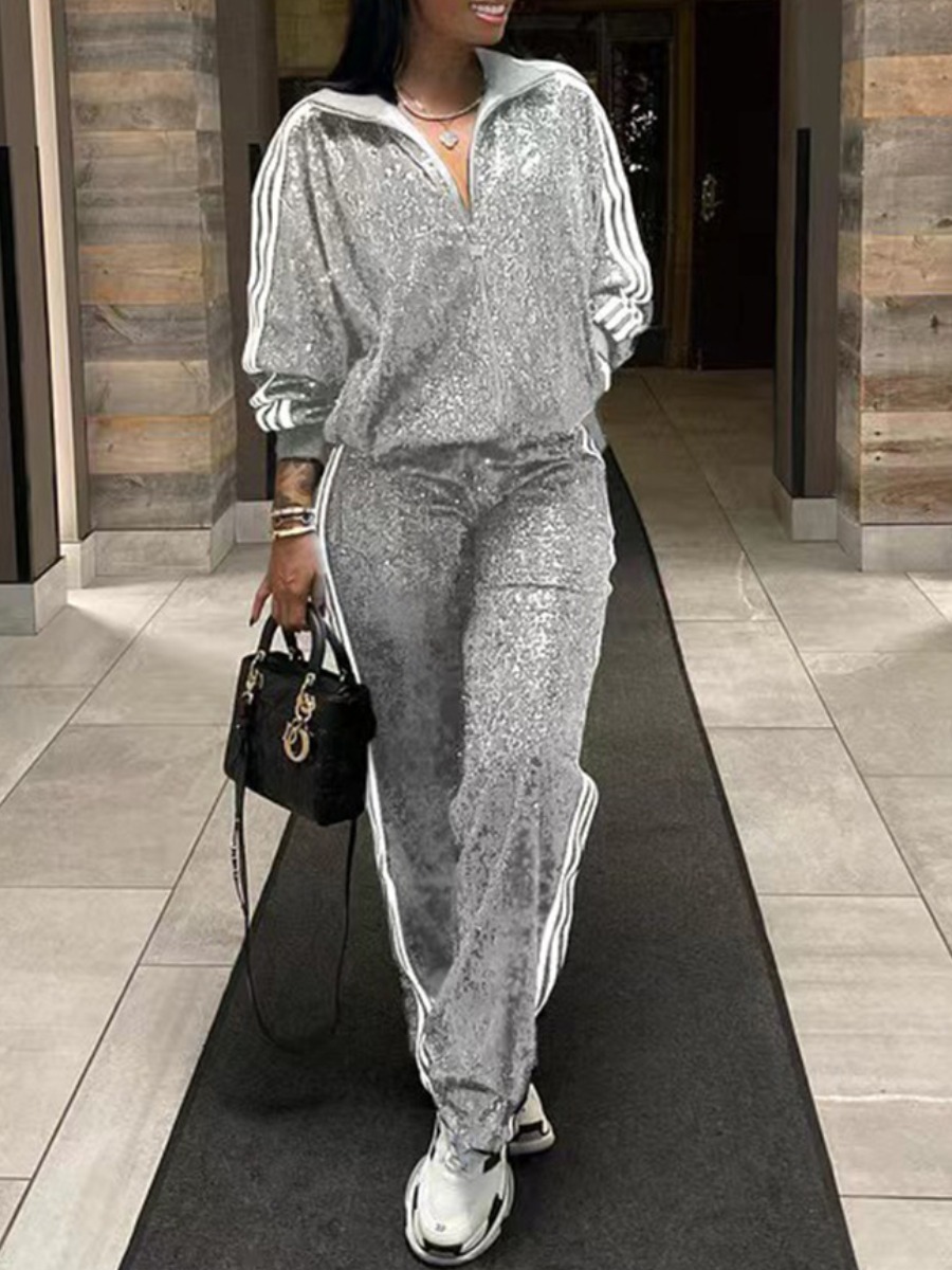 LovelyWholesale Sequined Striped Pants Set Fall Long Sleeve Street Sequin Turndown Collar Spring Summer 2024