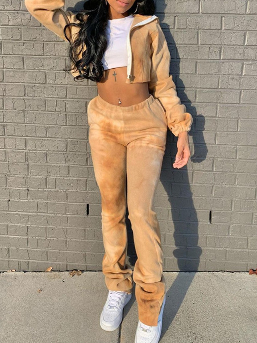LovelyWholesale Crop Top Zipper Design Tie Dye Pants Set Fall Long Sleeve Street Zipper Design Turndown Collar Spring Summer 2024