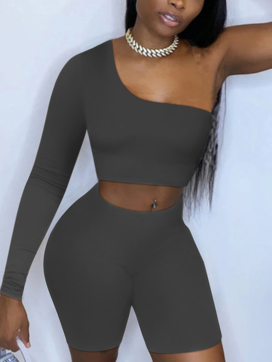 LW One Shoulder Crop Top Skinny Shorts Set