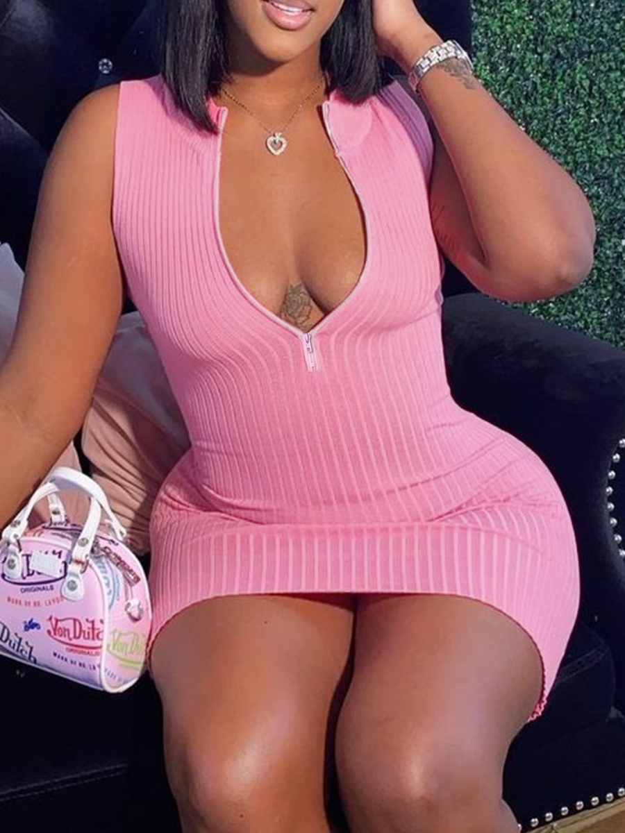 LW BASICS Plus Size Rib Knit Zipper Design Bodycon Dress