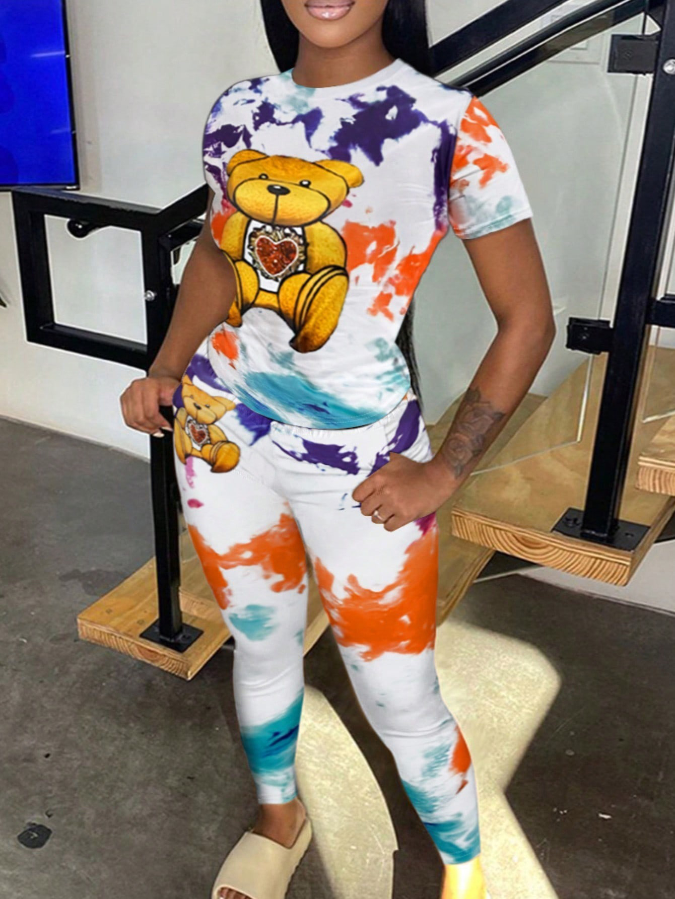 LW Tie Dye Teddy Bear Print Pants Set