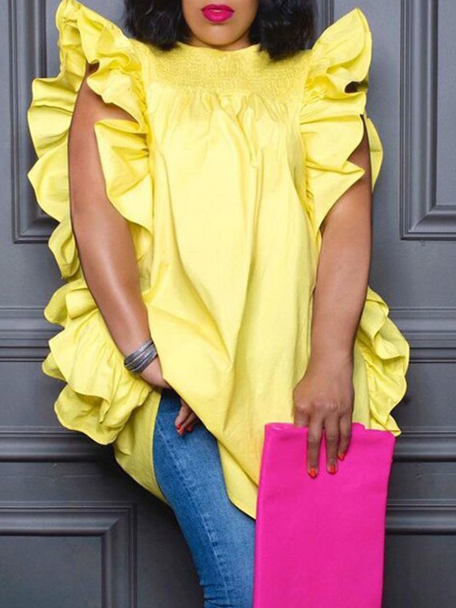 LovelyWholesale Plus Size Flounce Design Blouse Summer Nine Points Sleeve Cute Big Ruffles Round Neck Spring Summer 2024