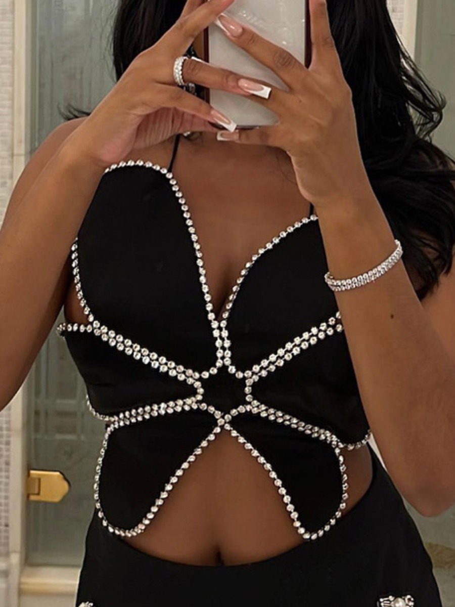 LovelyWholesale SXY Floral Design Rhinestone Decor Camisole Summer Sleeveless Sxy Hot Drilling Spaghetti Strap Spring Summer 2024