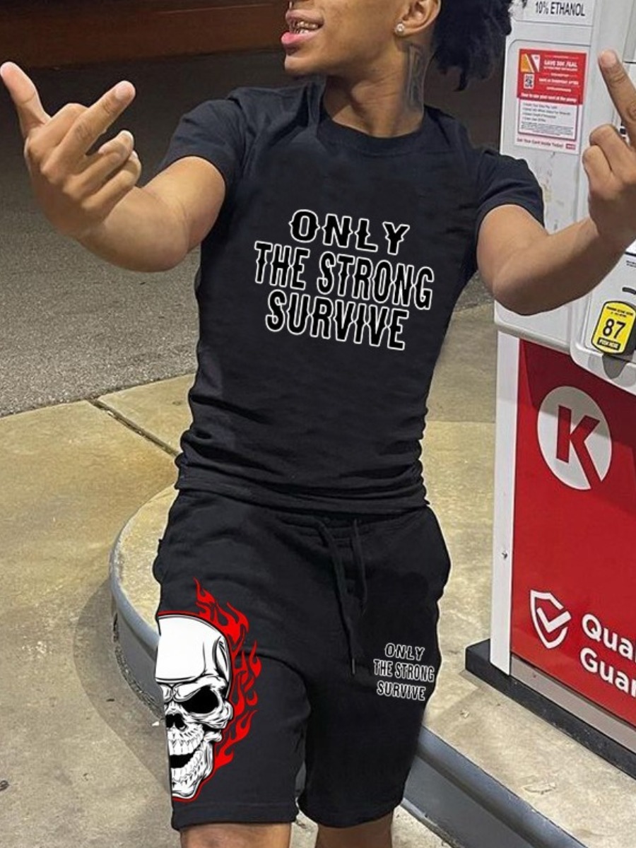 LovelyWholesale Men Letter Skull Head Print Shorts Set Summer Short Sleeve Casual Pattern Round Neck Spring Summer 2024