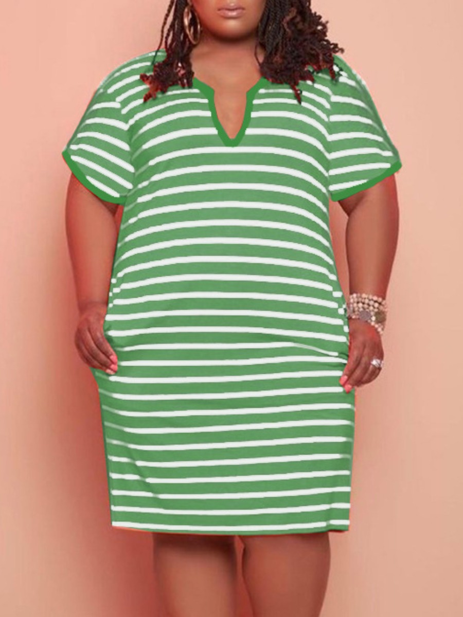 LW Plus Size V Neck Striped Pocket Design Dress