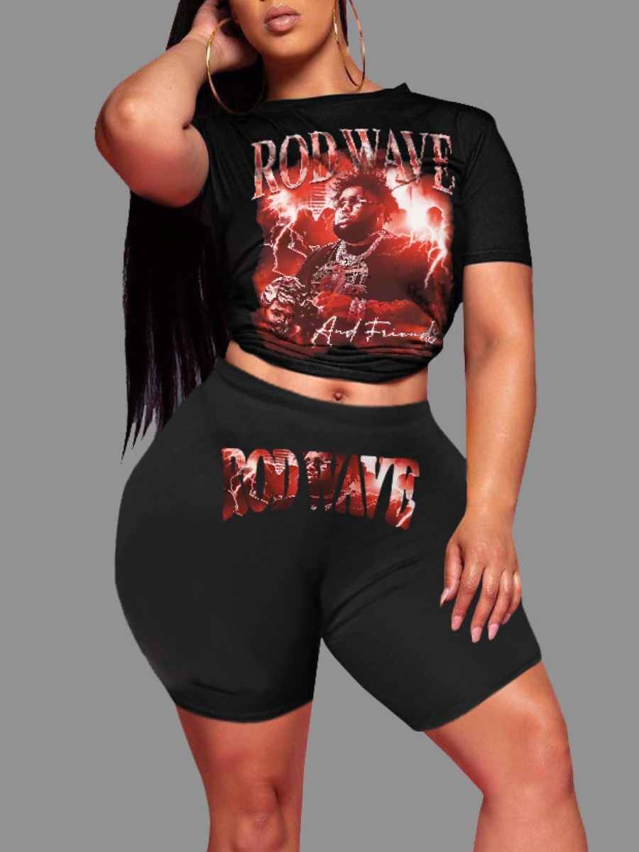 LovelyWholesale Plus Size Figure Letter Print Shorts Set Summer Short Sleeve Casual Pattern Round Neck  5X Spring Summer 2024