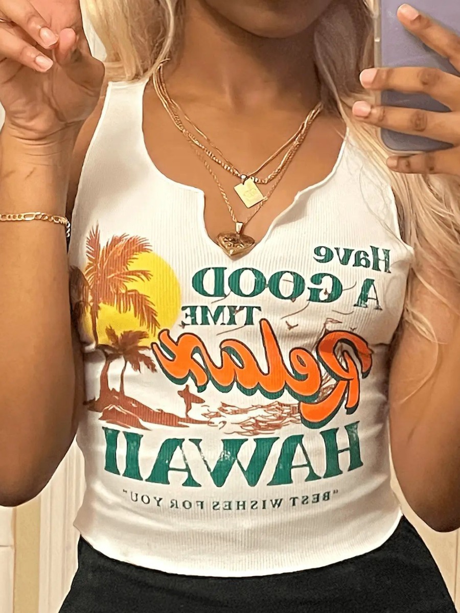 LovelyWholesale Letter Tree Print Rib Knit Camisole Summer Nine Points Sleeve Vacation Vests Notch Neck Spring Summer 2024