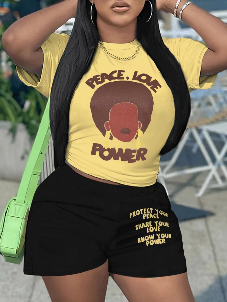 LovelyWholesale Plus Size Figure Letter Shorts Set Summer Short Sleeve Casual Pattern Round Neck  5X Spring Summer 2024