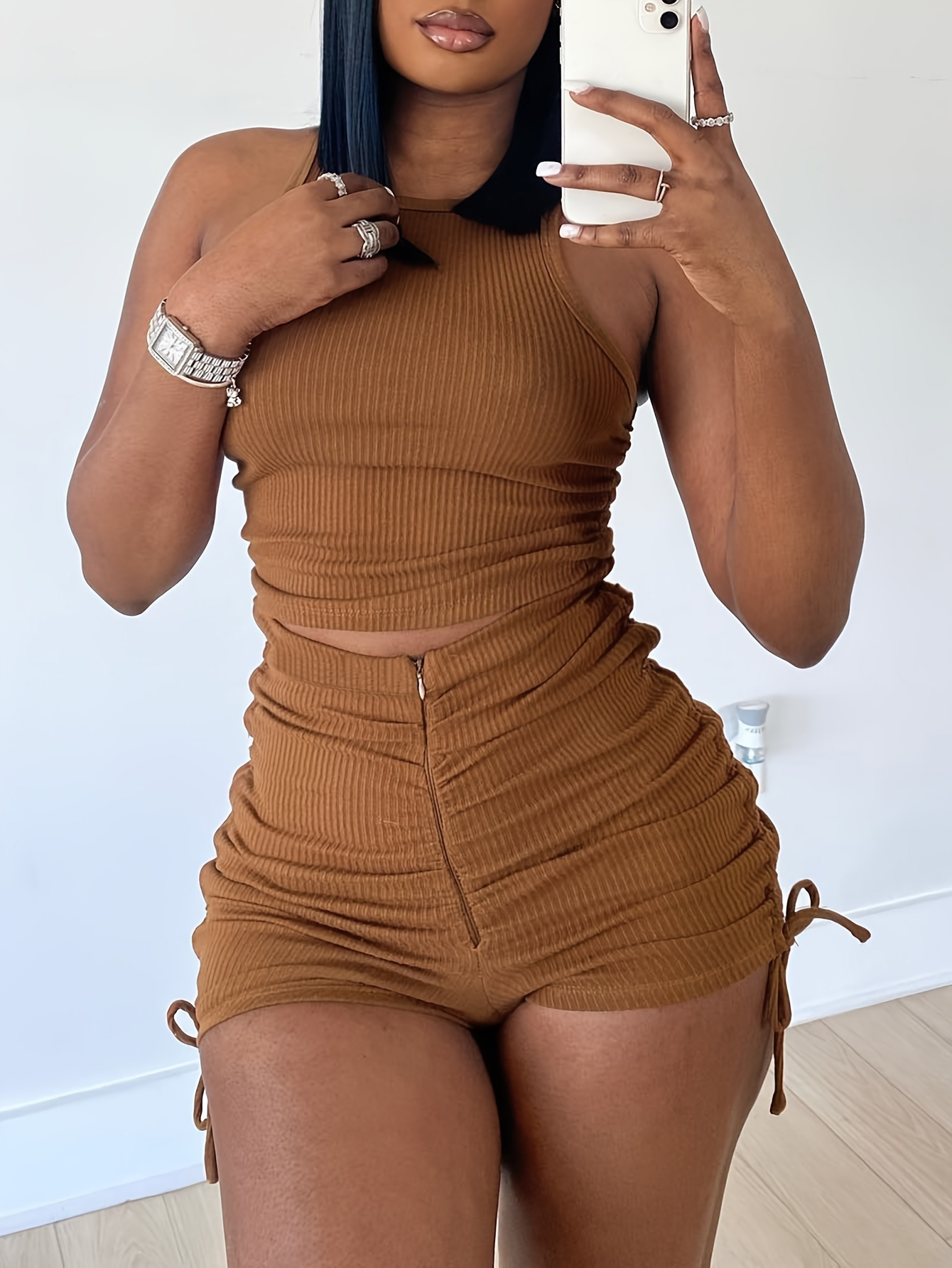 LW BASICS Plus Size Rib Knit Ruched Drawstring Shorts Set