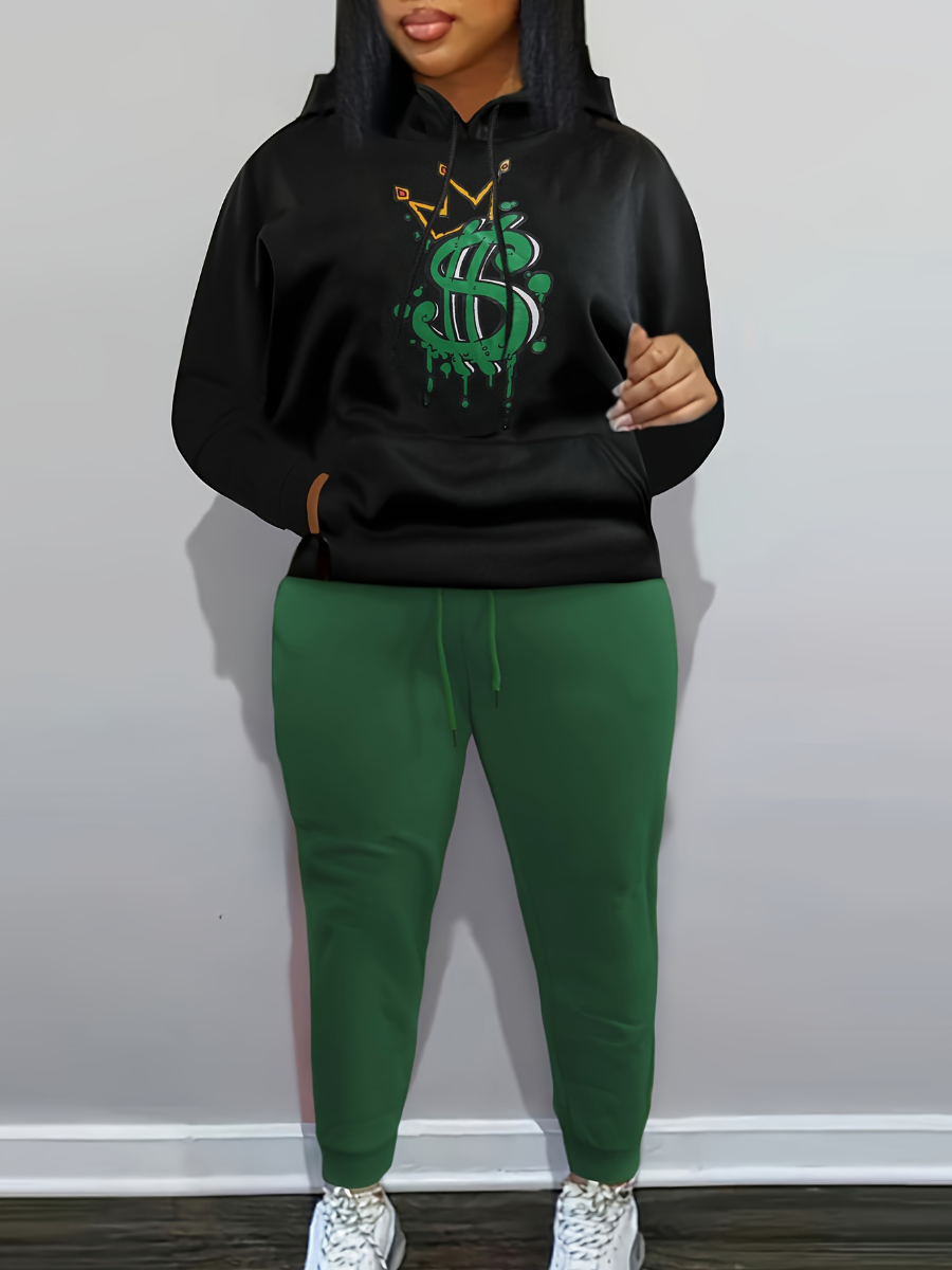 LW Plus Size Crown Letter Print Kangaroo Pocket Tracksuit Set