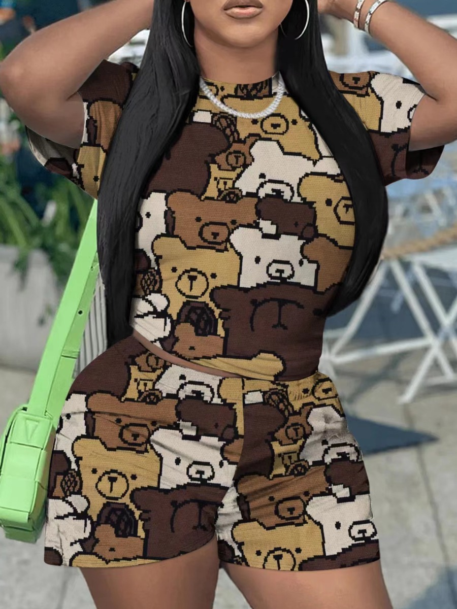 LovelyWholesale Figure Print Patchwork Shorts Set Summer Short Sleeve Cute Pattern Round Neck Spring Summer 2024