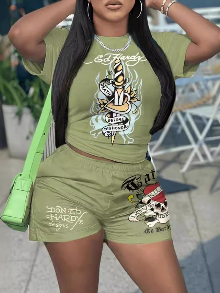 LW Plus Size Skull Head Letter Print Shorts Set
