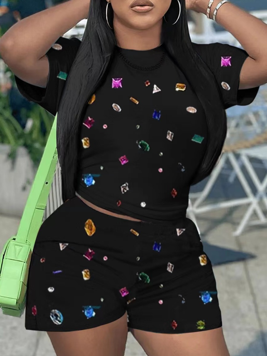 LovelyWholesale Plus Size Rhinestone Print Regular Fit Shorts Set Summer Short Sleeve Casual Pattern Round Neck  5X Spring Summer 2024