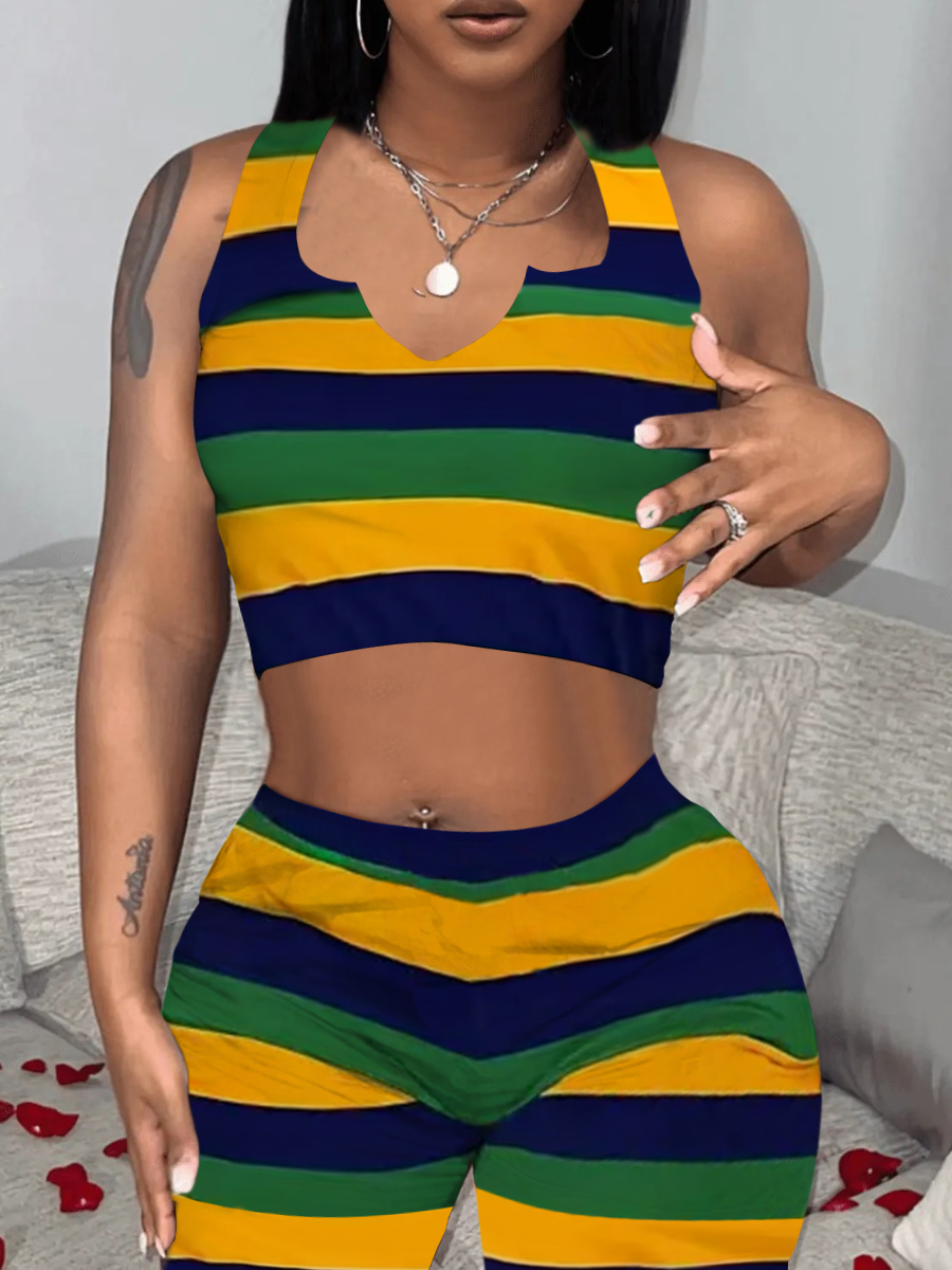 LovelyWholesale Crop Top Striped Skinny Shorts Set Summer Sleeveless Casual Vests Notch Neck Spring Summer 2024
