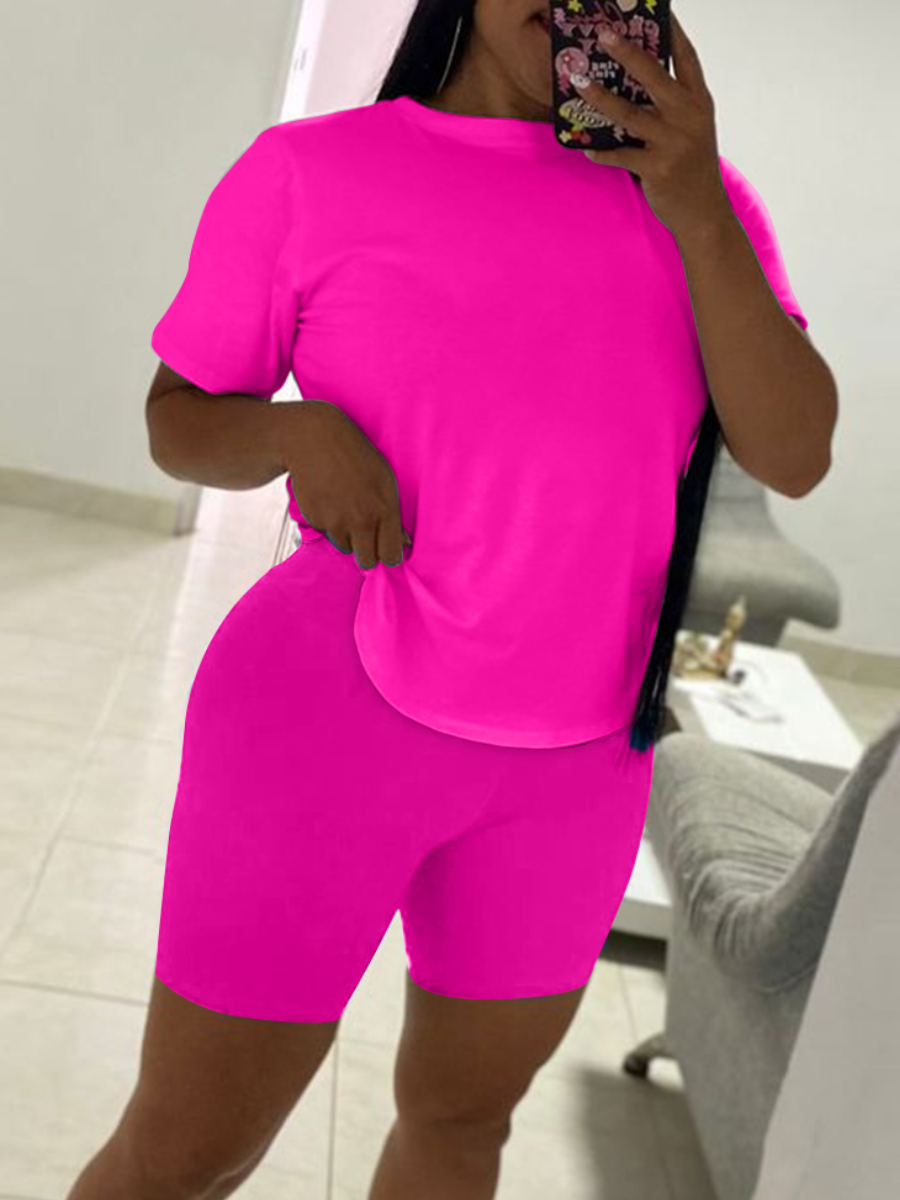 LovelyWholesale Plus Size Round Neck Regular Fit Shorts Set Summer Short Sleeve Casual Solid Color Round Neck  3X Spring Summer 2024