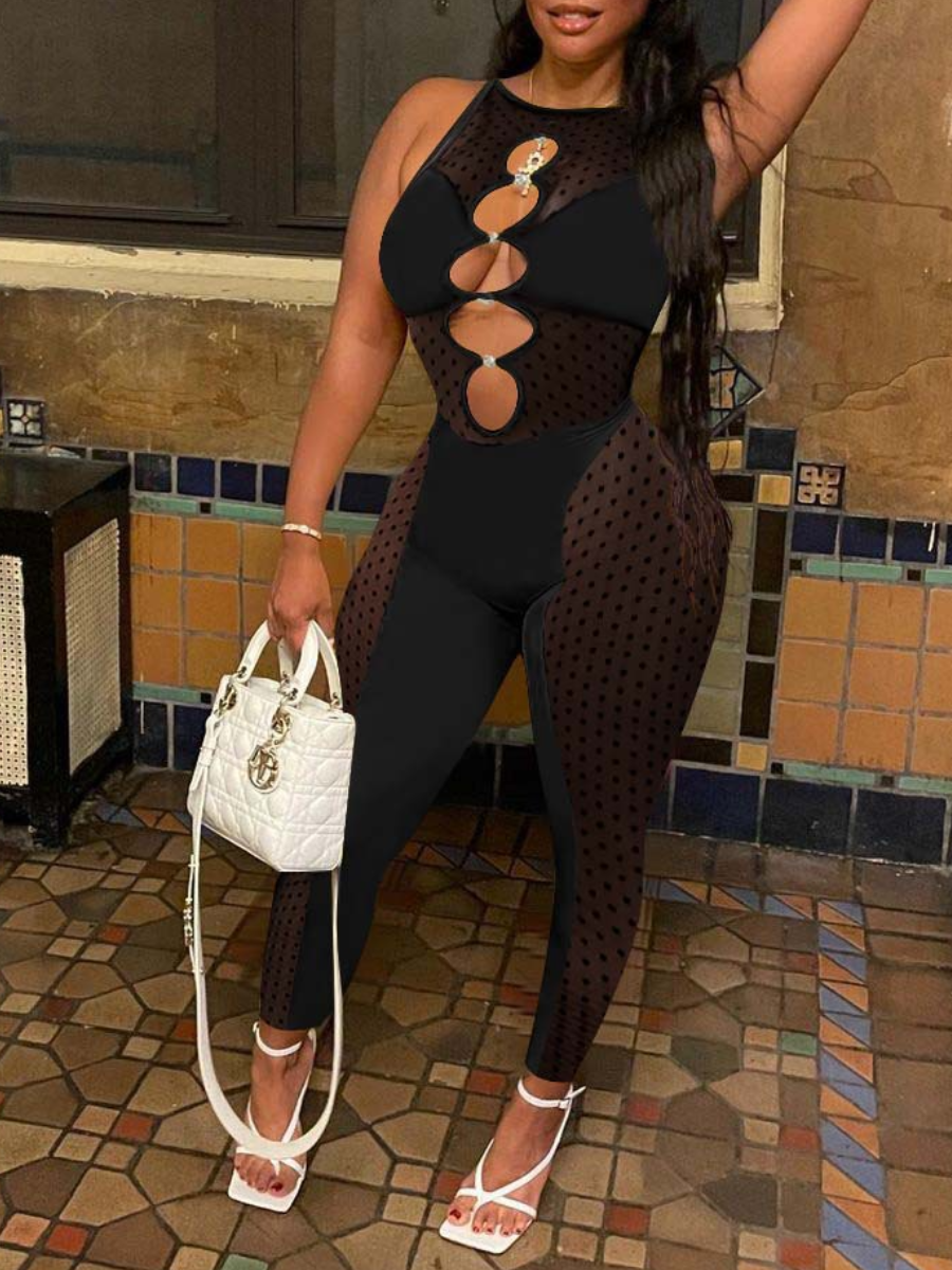 LovelyWholesale Plus Size Cut Out See Through Jumpsuit Spring|Summer Sleeveless Casual Solid Color Round Neck  OneSize Spring Summer 2024