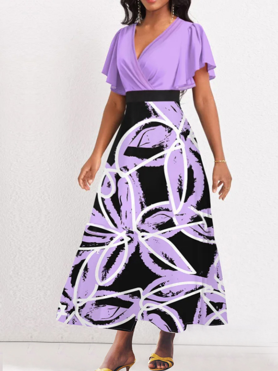 LW Plus Size V Neck Floral Print A Line Dress