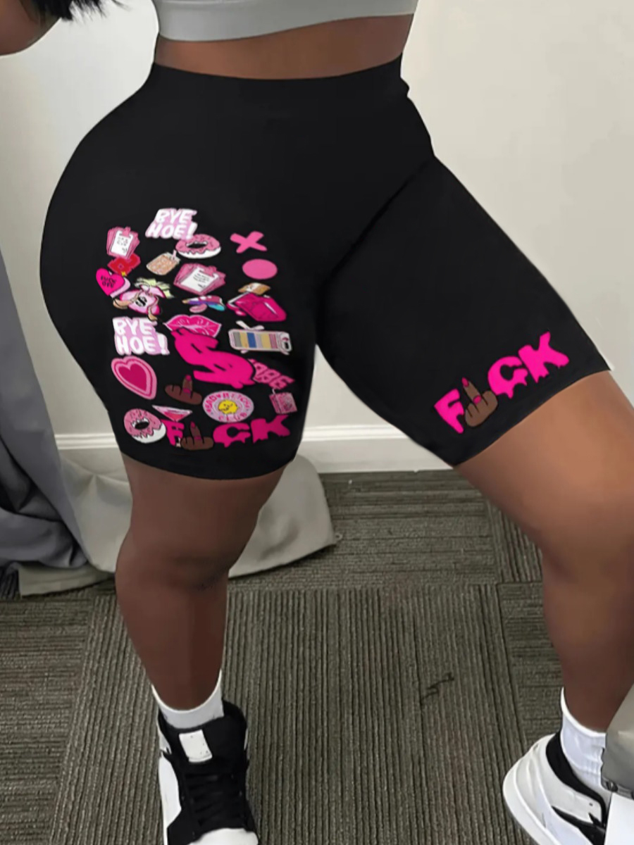 LovelyWholesale Plus Size Heart Lip Letter Print Shorts Summer Nine Points Sleeve Street Pattern  3X Spring Summer 2024