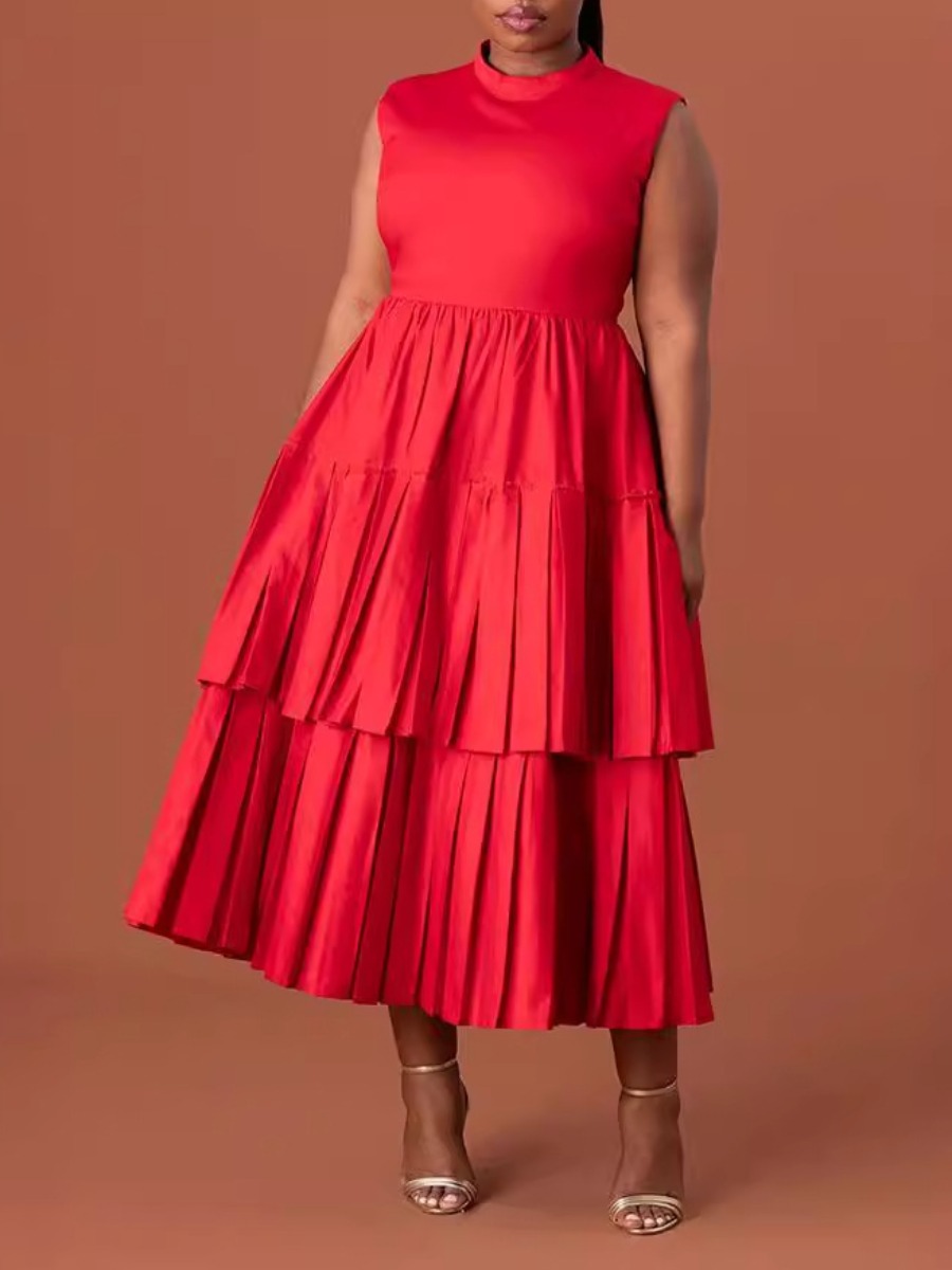 LW Plus Size Layered Cascading Pleated A Line Dres