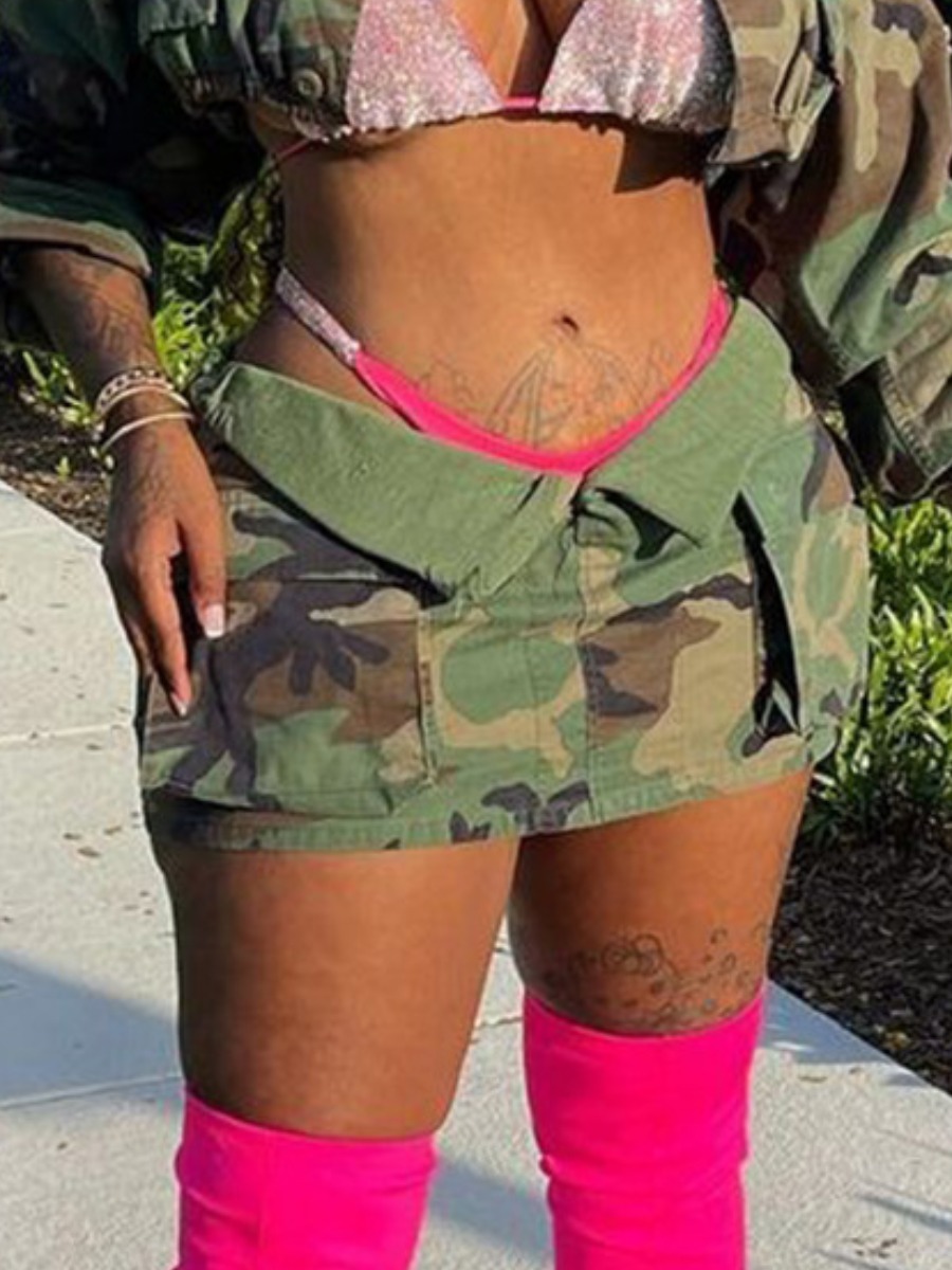 LovelyWholesale COTTON Camo Print Pocket Design Skirt Summer Nine Points Sleeve Street None Spring Summer 2024