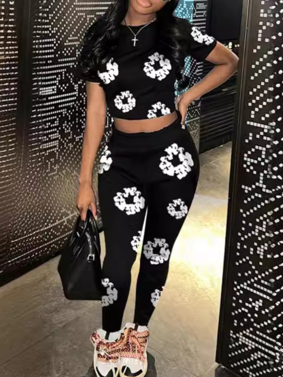 LW Crop Top Floral Print Skinny Pants Set