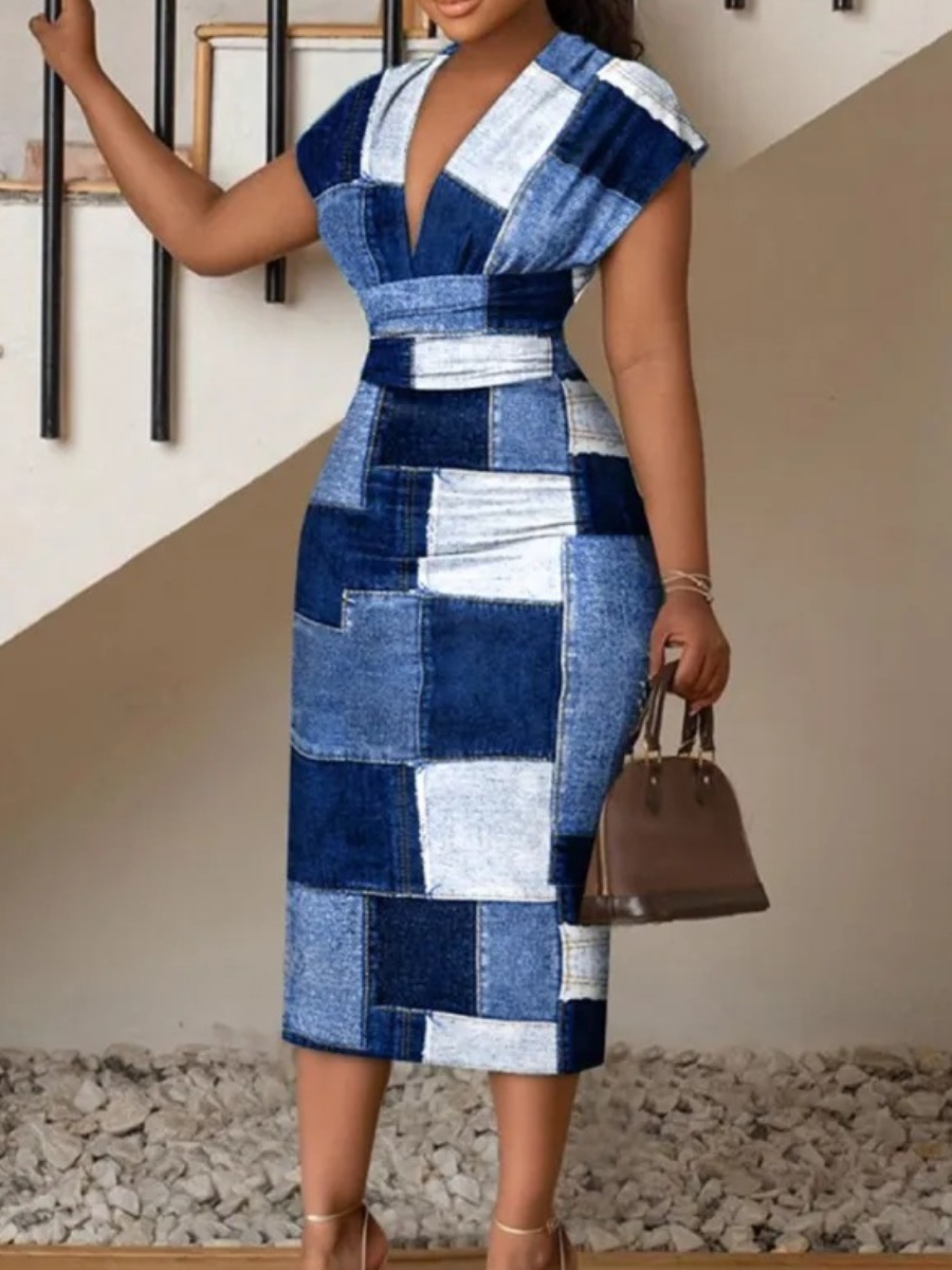 LW Plus Size Imitation Denim V Neck Patchwork Bodycon Dress