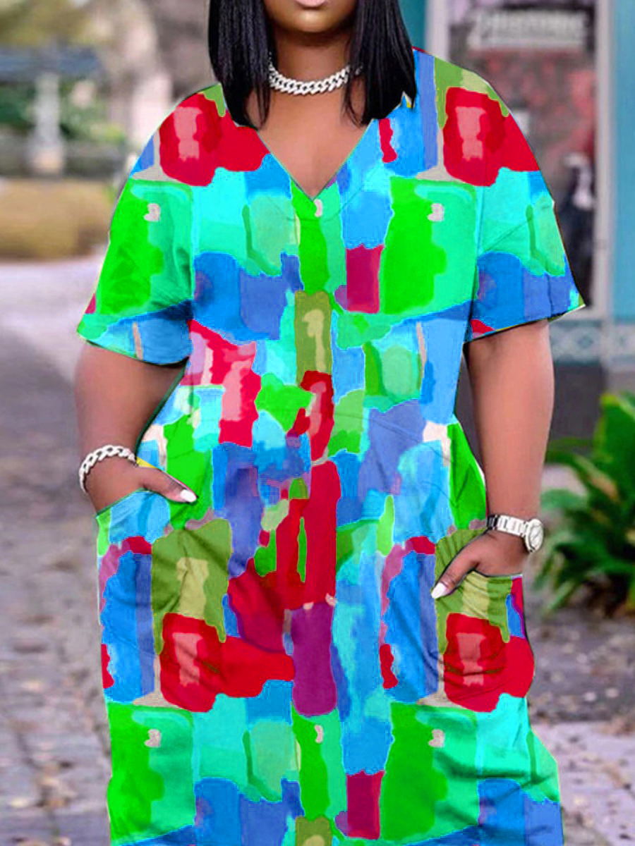 LW Plus Size V Neck Mixed Print Pocket Design Dress 2X