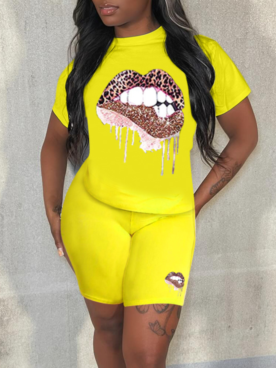 LW Plus Size Leopard Lip Print Shorts Set