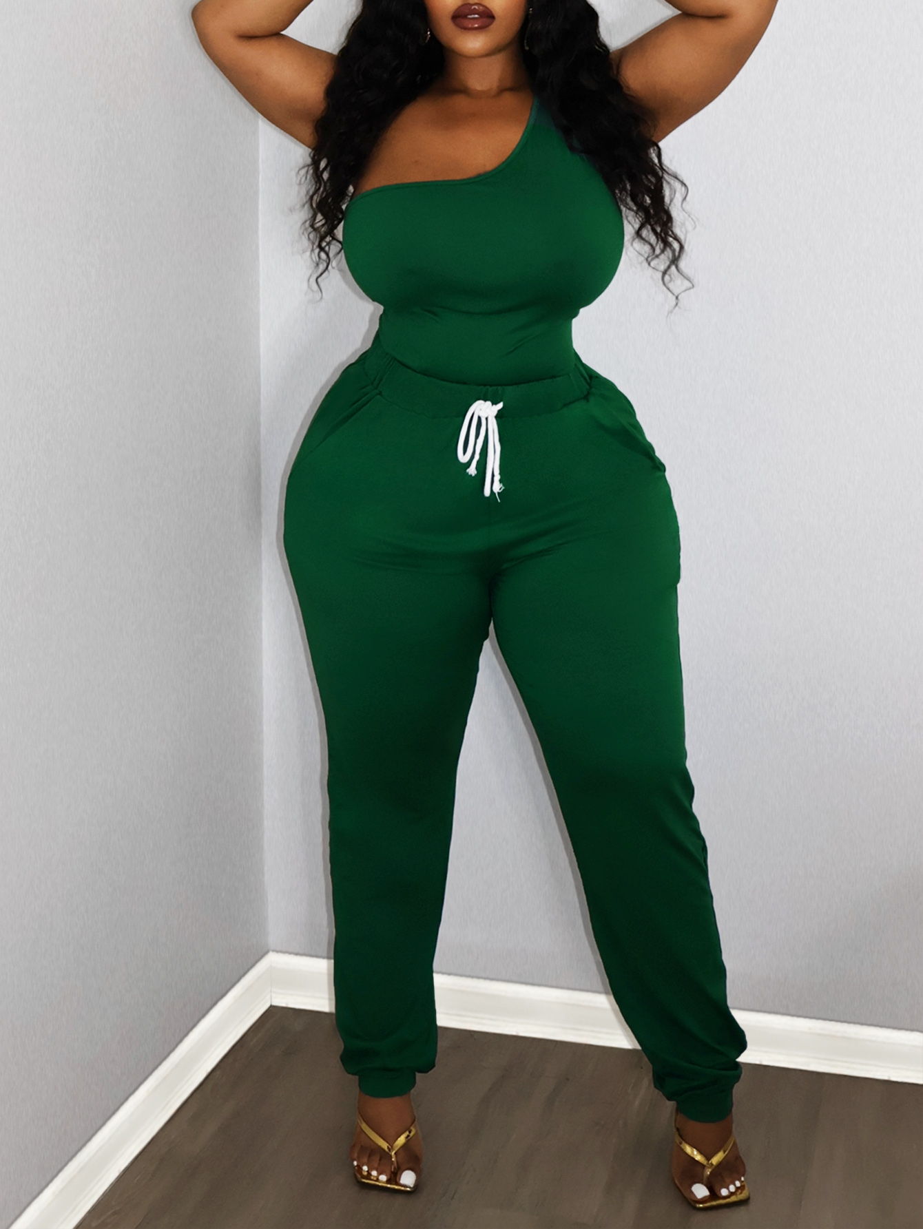 LW BASICS Plus Size One Shoulder Drawstring Pants Set