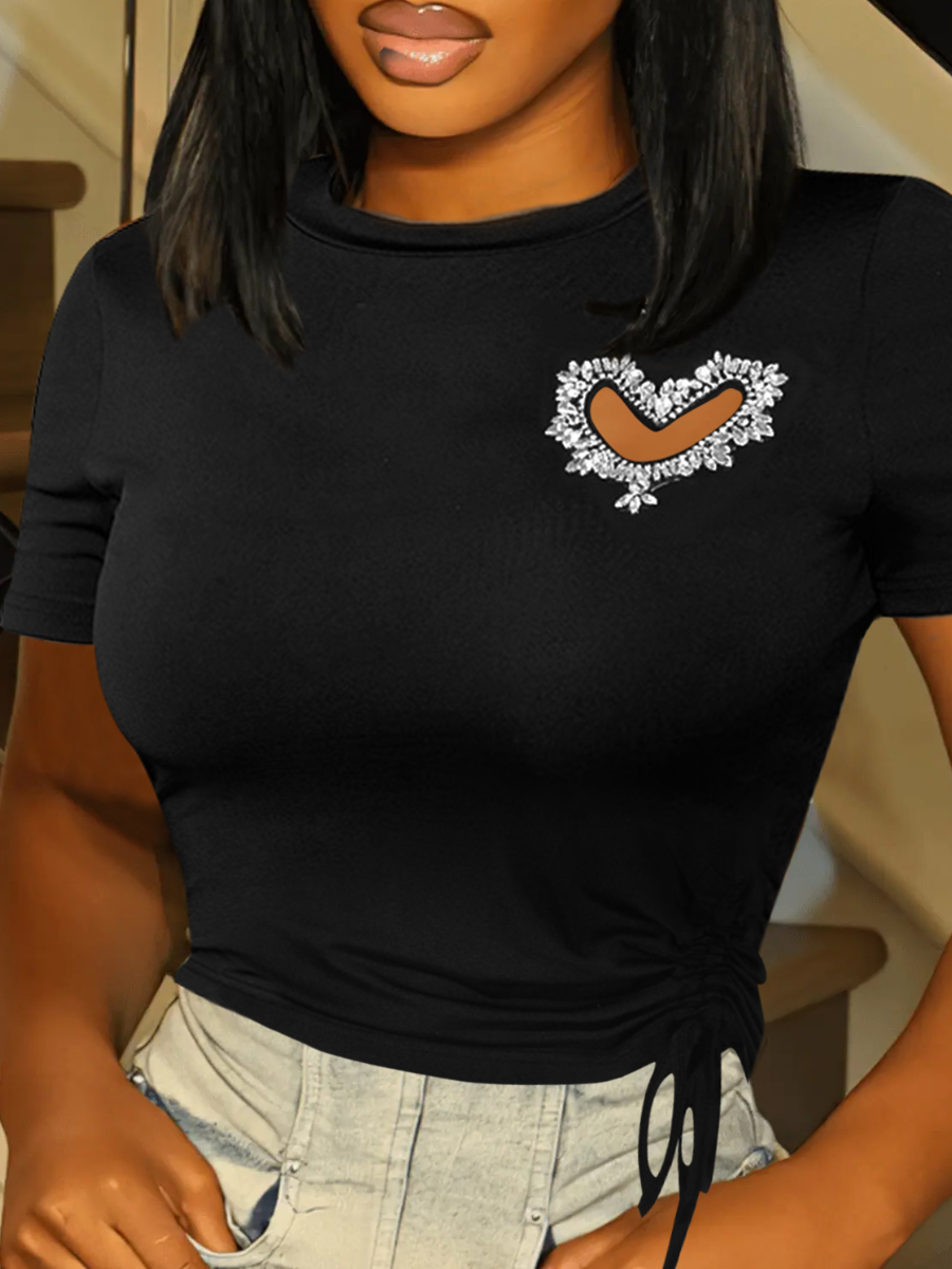 LW Rhinestone Heart Decor Cut Out T-shirt