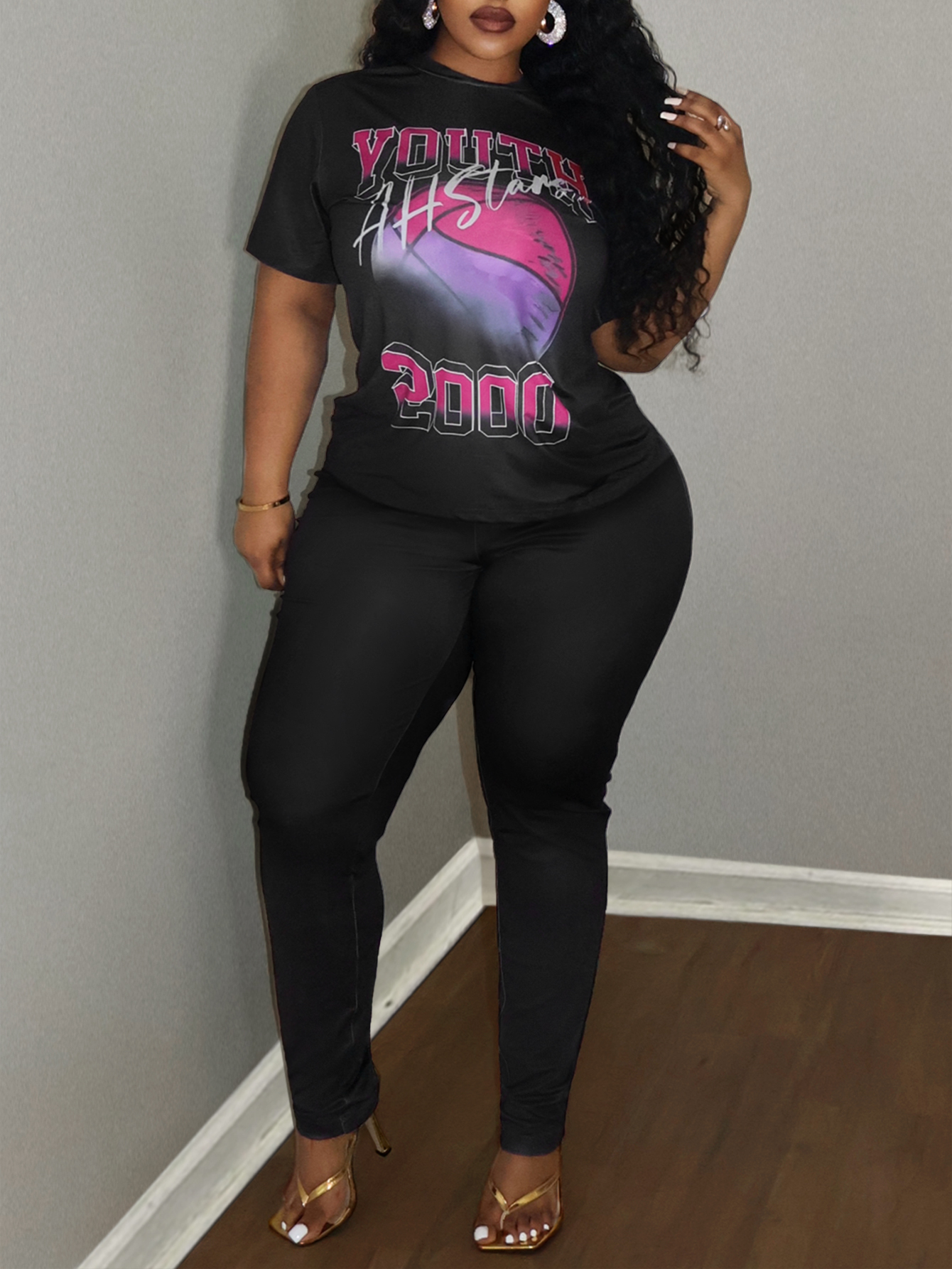 LW BASICS Plus Size Basketball Gradient Letter Print Pants Set