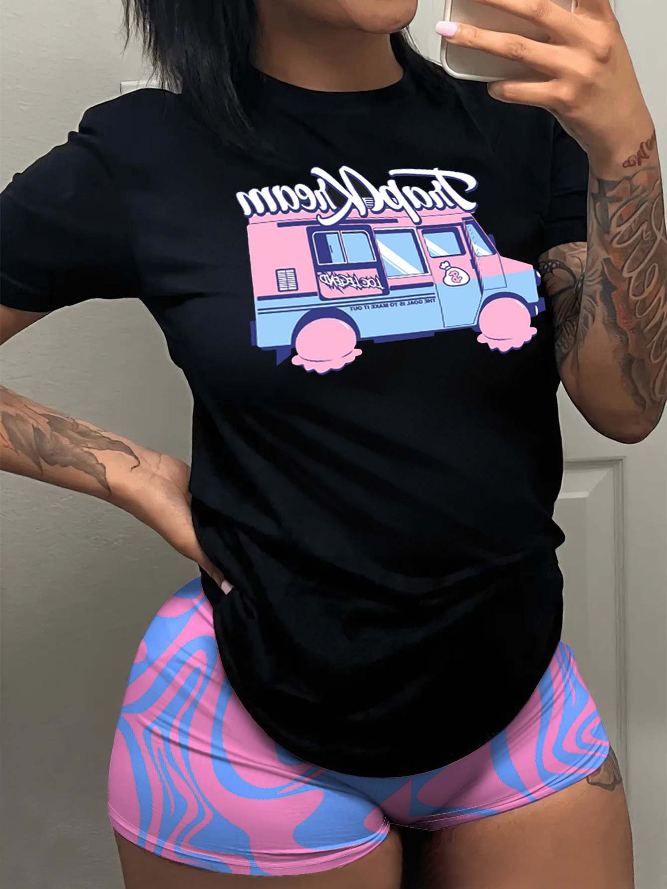 LW Cartoon Letter Print Shorts Set