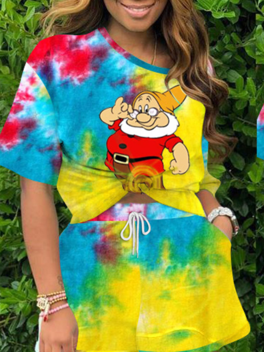 LW Plus Size Cartoon Print Tie Dye Drawstring Shorts Set