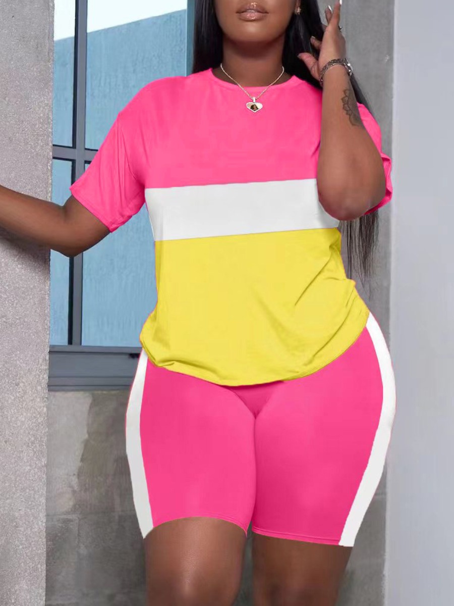 LW Plus Size Color Lump Patchwork Shorts Set